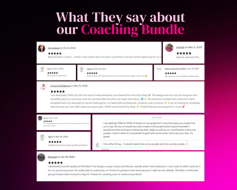 Puede incluir: Gr&aacute;fico con testimonios de clientes sobre un "Coaching Bundle". El t&iacute;tulo es en rosa y blanco. Las rese&ntilde;as incluyen valoraciones por estrellas y comentarios sobre la calidad, la facilidad de uso y el dise&ntilde;o.