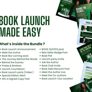 May include: A green and white graphic with the text "Book Launch Made Easy" and a list of social media post ideas for promoting a book launch. The list includes items like "Book Launch Announcement", "Meet the Author", "Book Blur coming soon", "The Journey Behind the Words", "Behind the Scenes", "Praise & Reviews", "Launch Countdown", "Book Launch party (Video)", "Special Edition Alert!", "Win a Signed Copy Post", "BOOK QUOTES post", "Best Seller Badge Post", "Book Poll", "Launch party Invite", "Ask the Author", "Book Club Invite", "Book Sale Discount Post", "Meet the Author Live", "Meet the Co-authors", and "Book Launch Tour Location".