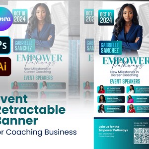 May include: A teal and white retractable banner with the text "Empower Pathways" and "New Milestones in Career Coaching". The banner also features a QR code and the date "Oct 10, 2024".