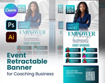 May include: A teal and white retractable banner with the text "Empower Pathways" and "New Milestones in Career Coaching". The banner also features a QR code and the date "Oct 10, 2024".