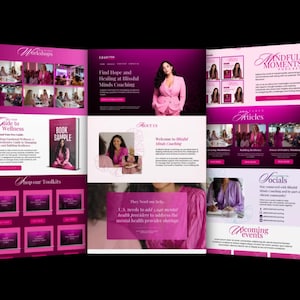 Puede incluir: Dise&ntilde;o de sitio web en magenta y blanco que promociona Blissful Minds Coaching. El dise&ntilde;o incluye secciones para art&iacute;culos, talleres y herramientas. Se ven im&aacute;genes de personas y texto como "Find Hope and Healing" y "Guide to Wellness".