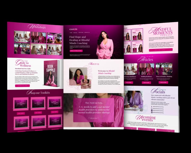 Puede incluir: Dise&ntilde;o de sitio web en magenta y blanco que promociona Blissful Minds Coaching. El dise&ntilde;o incluye secciones para art&iacute;culos, talleres y herramientas. Se ven im&aacute;genes de personas y texto como "Find Hope and Healing" y "Guide to Wellness".