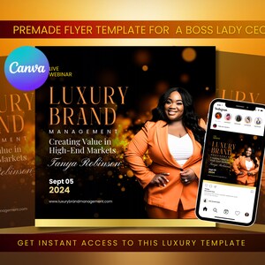 以下が含まれることがあります： ラグジュアリーブランドマネジメントに関するライブウェビナーのフライヤーテンプレート。フライヤーには、明るいオレンジ色のスーツを着た女性、"Luxury Brand Management"というテキスト、"Sept 05 2024"という日付が記載されています。