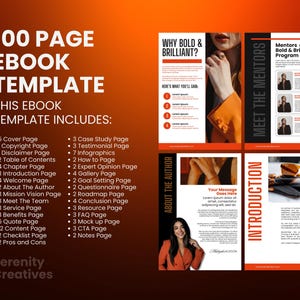 May include: A 100-page ebook template with a red, orange, and black color scheme. The template includes a cover page, table of contents, introduction, about the author, and more. The text "Why Bold & Brilliant?" is featured on the top of the page.