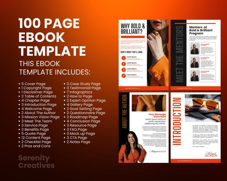May include: A 100-page ebook template with a red, orange, and black color scheme. The template includes a cover page, table of contents, introduction, about the author, and more. The text "Why Bold & Brilliant?" is featured on the top of the page.
