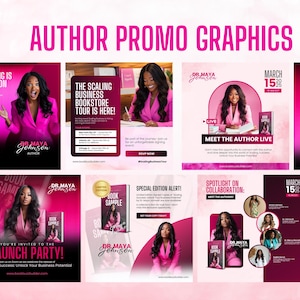 Puede incluir: Un conjunto de gr&aacute;ficos promocionales para la autora Dra. Maya Johnson. Los dise&ntilde;os, en tonos rosa y negro, muestran a la autora, portadas de libros e informaci&oacute;n de eventos. Incluye "Author Promo Graphics" y "Book Sample".