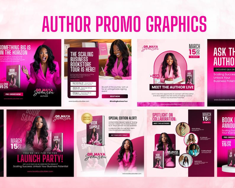 Puede incluir: Un conjunto de gr&aacute;ficos promocionales para la autora Dra. Maya Johnson. Los dise&ntilde;os, en tonos rosa y negro, muestran a la autora, portadas de libros e informaci&oacute;n de eventos. Incluye "Author Promo Graphics" y "Book Sample".