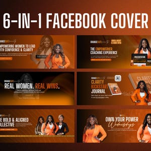 May include: A collection of six Facebook cover designs with an orange and brown color scheme. The covers feature images of women in business attire, along with text promoting coaching, journals, and empowerment. The text includes phrases like "Empowering Women" and "Own Your Power."