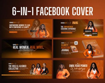 May include: A collection of six Facebook cover designs with an orange and brown color scheme. The covers feature images of women in business attire, along with text promoting coaching, journals, and empowerment. The text includes phrases like "Empowering Women" and "Own Your Power."
