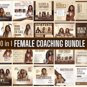 Könnte beinhalten: Eine Sammlung von Werbegrafiken für ein weibliches Coaching-Bundle. Die Bilder zeigen Frauen in Business-Kleidung mit Textüberlagerungen, die verschiedene Themen wie Führung, Empowerment und Finanzwissen bewerben. Das Bundle umfasst 20 verschiedene Coaching-Themen.