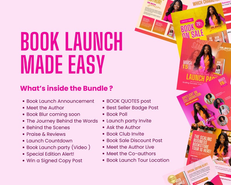 Op de afbeelding: Een roze en witte afbeelding met de tekst "Book Launch Made Easy" en een lijst met items die zijn inbegrepen in een boeklanceringspakket. De afbeelding bevat afbeeldingen van een boekomslag en een vrouw.