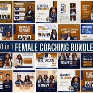 Könnte beinhalten: Eine Werbegrafik für ein weibliches Coaching-Bundle mit 20 verschiedenen Marketingmaterialien. Jede Grafik zeigt das Bild einer Frau und Text. Das Bundle umfasst Themen wie Führung, Wachstum und öffentliches Reden. Der Text "20 in 1 FEMALE COACHING BUNDLE" ist deutlich sichtbar.
