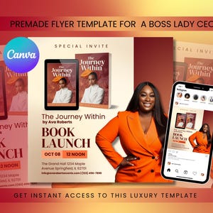 May include: A flyer template for a book launch event. The flyer is orange and red with a picture of a woman in a red suit. The text on the flyer says "The Journey Within" by Ava Roberts, "Book Launch", "Oct 08", "12 Noon", "The Grand Hall 1234 Maple Avenue Springfield, IL 62701", "info@avarobertsevents.com (123) 455-7000".