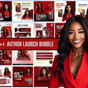 May include: A collage of 20 social media graphics promoting an author launch bundle. The graphics feature a woman in a red blazer and a book cover with the title "Scaling Success". The graphics include text such as "Book Launch Announcement", "Meet the Author Live", and "20 in 1 Author Launch Bundle".