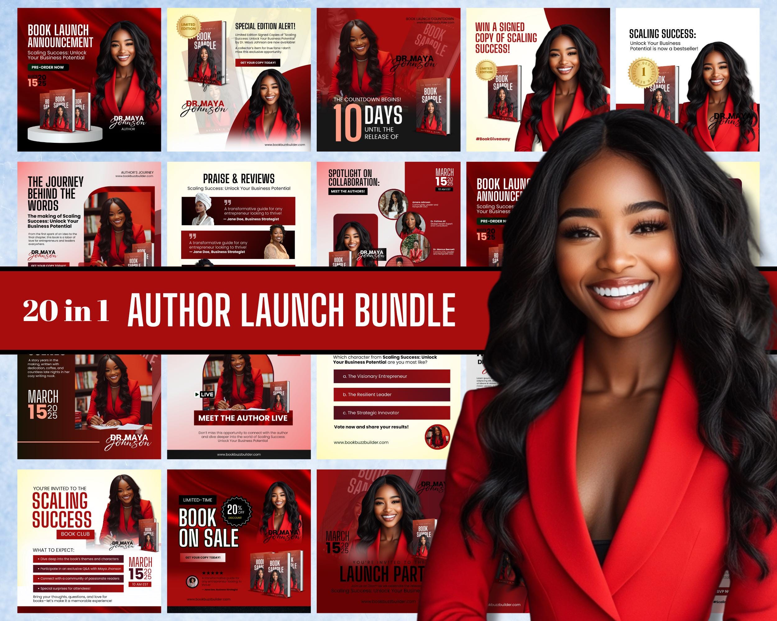 20-in-1 Editable Author Launch Bundle | Customizable Canva Templates | Book Launch Promo Graphics | Red and Black