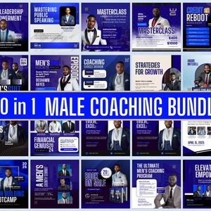 Könnte beinhalten: Eine Collage aus 20 Social-Media-Post-Designs mit Männern in Anzügen und Business-Kleidung. Die Posts bewerben Coaching-Dienste und -Veranstaltungen mit Titeln wie "Männer-Führung & Empowerment", "Meisterschaft im öffentlichen Reden", "Finanz-Genie", "Das ultimative Männer-Coaching-Programm" und "Erheben & Befähigen".