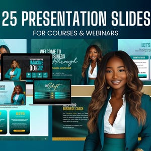 Op de afbeelding: Een promotieafbeelding voor cursussen en webinars, met een vrouw in een tealkleurige blazer. De tekst luidt "25 Presentatieslides voor cursussen & webinars". Verschillende laptopschermen tonen presentatieslides met tekst als "Imagine 90 Days From Now".