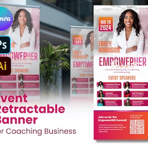 Puede incluir: Una pancarta retráctil rosa y blanca con el texto "EmpowerHER Summit" y un código QR. La pancarta presenta a una mujer con una camisa blanca sobre un fondo rosa. El texto "Enjoy an inspiring Day of Learning and Networking!" también está incluido. La pancarta está diseñada para un negocio de coaching.
