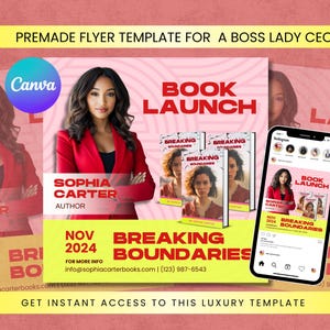 May include: A promotional flyer template for a book launch, featuring a woman in a red blazer. The design includes the text "BOOK LAUNCH" and "BREAKING BOUNDARIES", along with the author's name, "SOPHIA CARTER". A smartphone displays the flyer.