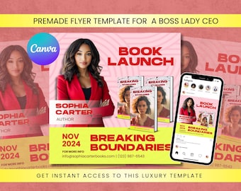 May include: A book launch flyer template with a woman in a red blazer as the central image. The design includes the text "BOOK LAUNCH" and "BREAKING BOUNDARIES", with the author's name, "SOPHIA CARTER". A smartphone shows the flyer.