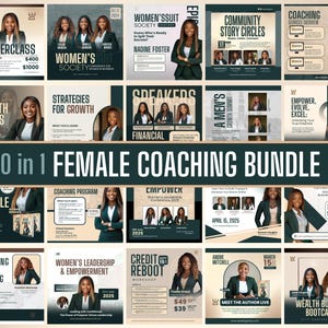 Könnte beinhalten: Eine Werbegrafik für ein weibliches Coaching-Bundle mit 20 verschiedenen Programmen. Das Design umfasst Bilder von Frauen in Business-Kleidung mit Textüberlagerungen, die Masterclasses, Workshops und Gipfeltreffen bewerben. Das Farbschema ist hauptsächlich grün, weiß und gold.