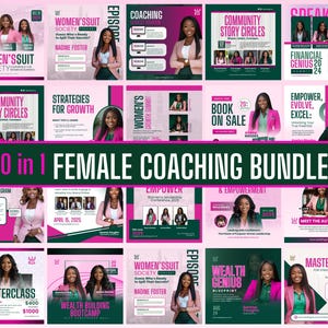 Könnte beinhalten: Eine Sammlung von 20 Werbegrafiken für weibliches Coaching, die Frauen in Business-Kleidung zeigen. Die Designs verwenden ein rosa und grünes Farbschema mit Textüberlagerungen, die verschiedene Themen wie Finanzgenie, Wachstumsstrategien und Meisterkurse bewerben.
