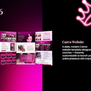 Puede incluir: Plantilla de sitio web Canva moderna, rosa y blanca, dise&ntilde;ada para coaches. Personalizable al instante. La imagen presenta el n&uacute;mero "06" y una corona rosa ne&oacute;n. El texto dice "Canva Website".