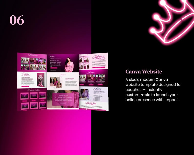 Puede incluir: Plantilla de sitio web Canva moderna, rosa y blanca, dise&ntilde;ada para coaches. Personalizable al instante. La imagen presenta el n&uacute;mero "06" y una corona rosa ne&oacute;n. El texto dice "Canva Website".