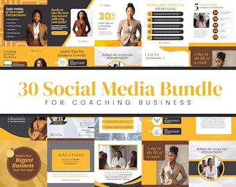 May include: A collection of 30 social media graphics for coaching businesses. The graphics feature a woman in a brown blazer and yellow and black backgrounds. The text on the graphics includes "Daily Habits of Successful Entrepreneurs", "Quick Tips for Business Growth", "Setting and Achieving SMART Goals", "A Day in the Life of a Coach", and "What's Your Biggest Business Goal This Year?"