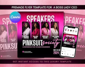 May include: A pink flyer with the text "Pink Suit Society" and "Conference for Women in Business". The flyer features a photo of five women in pink suits and the text "Speakers".