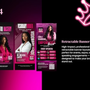 Puede incluir: Un dise&ntilde;o de banner retr&aacute;ctil en negro y rosa. El banner presenta im&aacute;genes de mujeres y texto que promociona eventos y seminarios. El dise&ntilde;o incluye el texto "Mindful Mastery", "Visionary Women" y "EmpowerHer Summit".