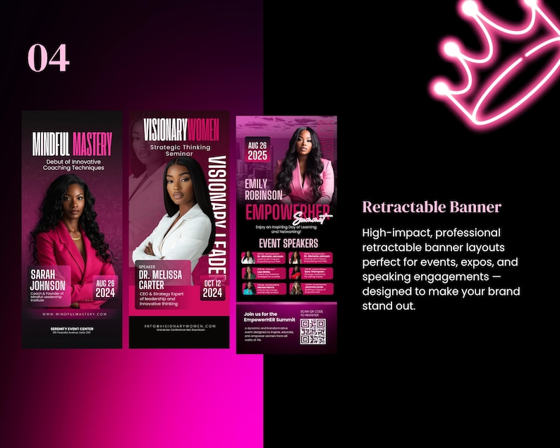 Puede incluir: Un dise&ntilde;o de banner retr&aacute;ctil en negro y rosa. El banner presenta im&aacute;genes de mujeres y texto que promociona eventos y seminarios. El dise&ntilde;o incluye el texto "Mindful Mastery", "Visionary Women" y "EmpowerHer Summit".