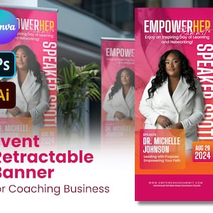 Op de afbeelding: Een roze en oranje intrekbare banner met de tekst "EMPOWERHER Summit" en "SPEAKED COOTI" in wit. De banner toont een foto van een vrouw in een wit blazer en de tekst "Enjoy an Inspiring Day of Learning and Networking!" en "Speaker Dr. Michelle Johnson Leading with Purpose Empowering Your Path" in wit. De banner bevat ook de datum "Aug 26 2024".