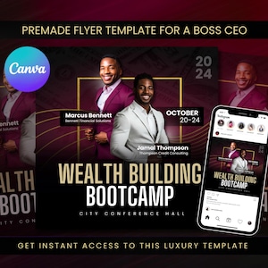 Könnte beinhalten: Eine Flyer-Vorlage für ein Bootcamp zum Aufbau von Vermögen. Der Flyer ist in Rot- und Goldtönen gehalten und zeigt Bilder von zwei Männern. Der Text auf dem Flyer lautet "Wealth Building Bootcamp" und "City Conference Hall". Der Flyer enthält auch die Daten "Oktober 20-24" und das Jahr "2024".