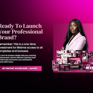 Puede incluir: Gr&aacute;fico promocional con un fondo degradado magenta y negro. El texto dice "Ready To Launch Your Professional Brand?" y "Get Instant Access Now". Se presenta a una mujer con una blazer rosa, junto con varios materiales de marketing.