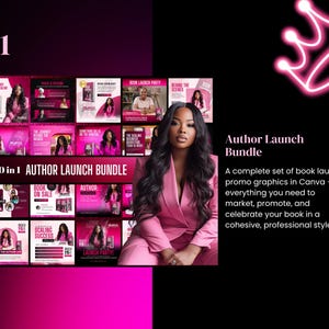 Puede incluir: Gr&aacute;fico rosa de un Author Launch Bundle con una mujer con un traje rosa. El paquete incluye 20 gr&aacute;ficos promocionales para lanzamientos de libros. El texto incluye "Author Launch Bundle" y "20 in 1 Author Launch Bundle".