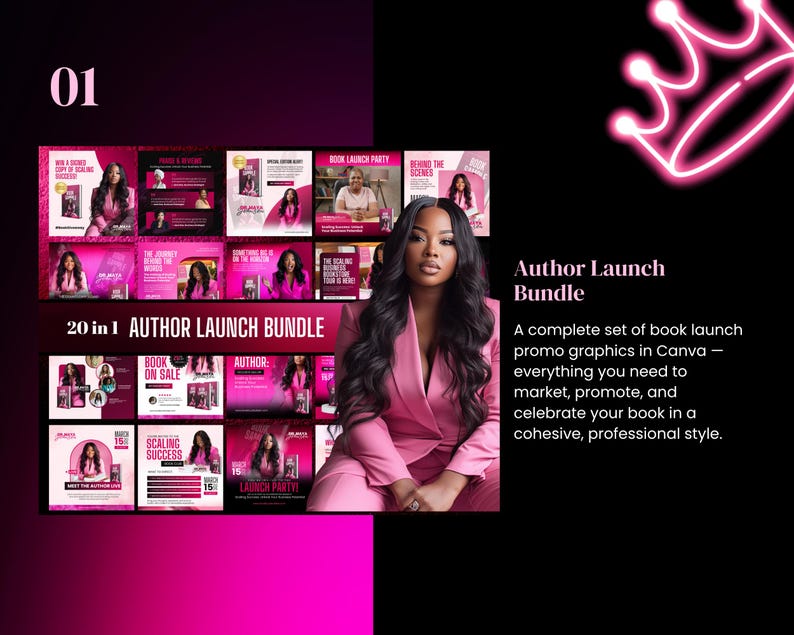 Puede incluir: Gr&aacute;fico rosa de un Author Launch Bundle con una mujer con un traje rosa. El paquete incluye 20 gr&aacute;ficos promocionales para lanzamientos de libros. El texto incluye "Author Launch Bundle" y "20 in 1 Author Launch Bundle".