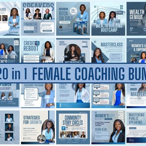 Könnte beinhalten: Eine Sammlung von Werbegrafiken für ein weibliches Coaching-Bundle. Die Bilder zeigen Frauen in Business-Kleidung mit Textüberlagerungen, die Masterclasses, Gipfel und Workshops bewerben. Das Farbschema ist hauptsächlich Blau und Weiß.