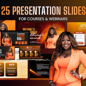 Op de afbeelding: Promotieafbeelding voor cursussen en webinars, met een vrouw in een oranje pak. De afbeelding bevat de tekst "25 Presentatieslides voor cursussen & webinars" en verschillende slide-ontwerpen met tekst en afbeeldingen. De afbeelding bevat ook prijsinformatie.