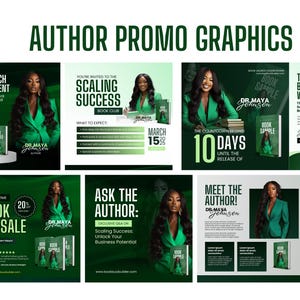 May include: A collection of social media graphics promoting a book launch. The graphics feature a woman in a green blazer and the book cover with the title "Scaling Success". The graphics include text such as "Book Launch Announcement", "You're Invited to the Scaling Success Book Club", "Ask the Author", "Meet the Author", and "The Journey Behind the Words".