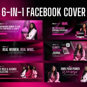 Peut inclure: Conception de couverture Facebook 6 en 1 avec un schéma de couleurs rose et noir. La conception présente des images de femmes en tenue professionnelle, ainsi que du texte tel que "Empowering Women to Lead" et "Clarity Kickstart Journal".