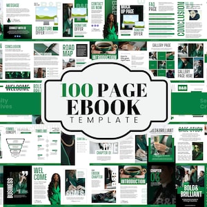 Könnte beinhalten: Eine 100-seitige E-Book-Vorlage mit einer Sammlung von Dokumentenlayouts in einem grün-weißen Farbschema. Das Design umfasst verschiedene Abschnitte wie Einleitung, Fazit, Galerie und Fallstudienseiten mit Platzhaltertext und Bildern.