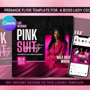 以下が含まれることがあります： ビジネスウーマン向けの「Pink Suit Society」カンファレンスのプロモーション用グラフィック。ピンクのスーツを着た女性が特徴です。デザインにはCanvaのロゴ、イベントの詳細、スマートフォンのモックアップが含まれています。