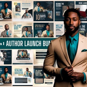 May include: A man in a tan suit and teal tie stands in front of a collage of social media graphics promoting a book launch. The graphics feature the book cover, the author's name, and the date of the launch. The text on the graphics includes "Book Launch Announcement", "Scaling Success", "The Journey Behind the Words", "Something Big is on the Horizon", "Meet the Author", "Ask the Author", "Book Launch Party", "Meet the Author Live", "The Scaling Business Bookstore Tour is Here!" and "March 15th".