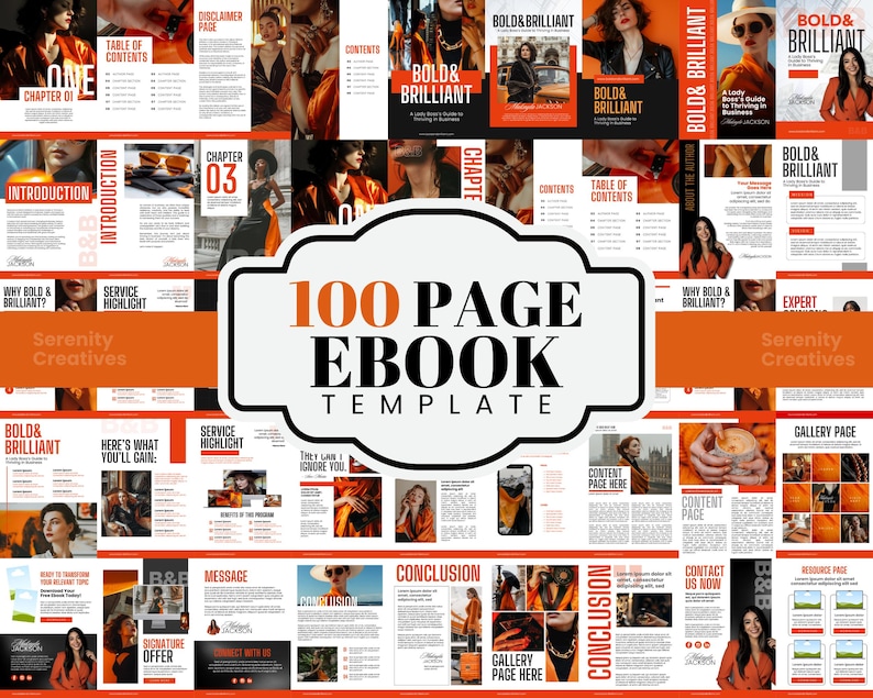 May include: A 100-page ebook template with a bold and brilliant theme. The template features a variety of layouts and designs, including a table of contents, introduction, service highlight, conclusion, and gallery page. The template is perfect for creating a professional and engaging ebook.