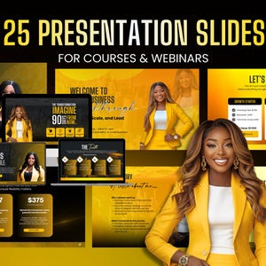 Könnte beinhalten: Werbebild für Kurse und Webinare mit 25 Präsentationsfolien. Das Design verwendet ein gelbes und schwarzes Farbschema. Der Text enthält "Stellen Sie sich 90 Tage ab jetzt vor" und "Willkommen bei Business Through". Eine Frau in einem gelben Anzug ist abgebildet.