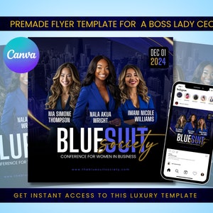 Puede incluir: Plantilla de folleto para una conferencia de negocios para mujeres. El folleto presenta un esquema de color azul y dorado con el texto "Blue Suit Society" y la fecha "Dec 01 2024".