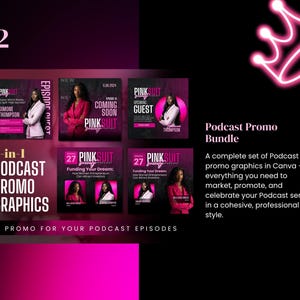 Puede incluir: Un conjunto de gr&aacute;ficos promocionales para podcasts, con un dise&ntilde;o rosa y negro. Los gr&aacute;ficos incluyen texto como "PINK SUIT" y "COMING SOON". Dise&ntilde;ado para la promoci&oacute;n y el marketing de episodios de podcast.