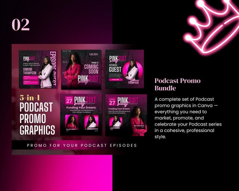 Puede incluir: Un conjunto de gr&aacute;ficos promocionales para podcasts, con un dise&ntilde;o rosa y negro. Los gr&aacute;ficos incluyen texto como "PINK SUIT" y "COMING SOON". Dise&ntilde;ado para la promoci&oacute;n y el marketing de episodios de podcast.