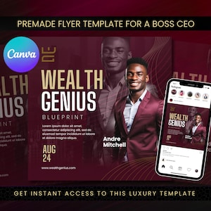 May include: A flyer template for a business event with a red and gold color scheme. The flyer features the text "Wealth Genius Blueprint" and the date "Aug 24". The flyer also includes a photo of a man in a red suit.